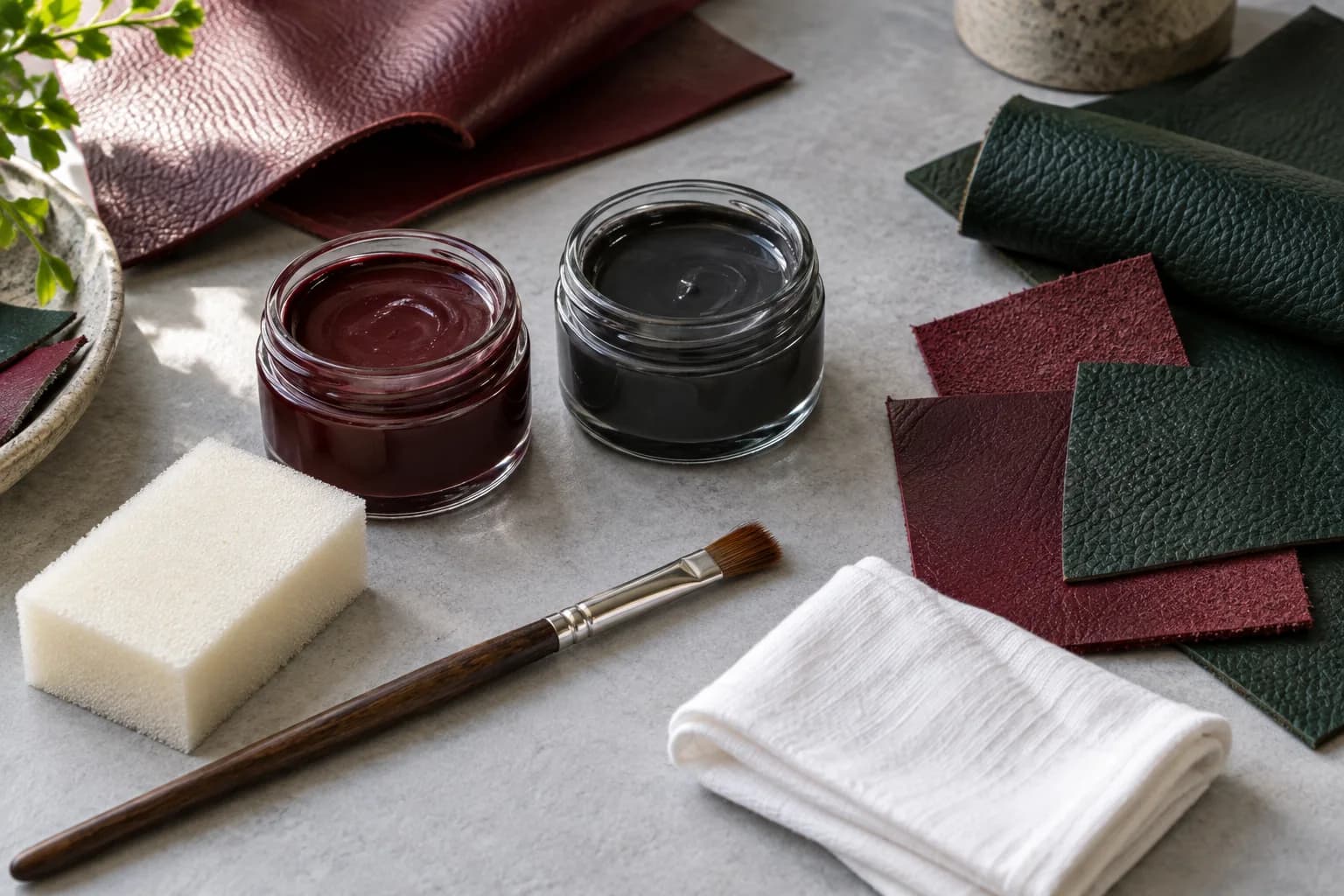 Unbranded colourant jars, applicator and leather swatches