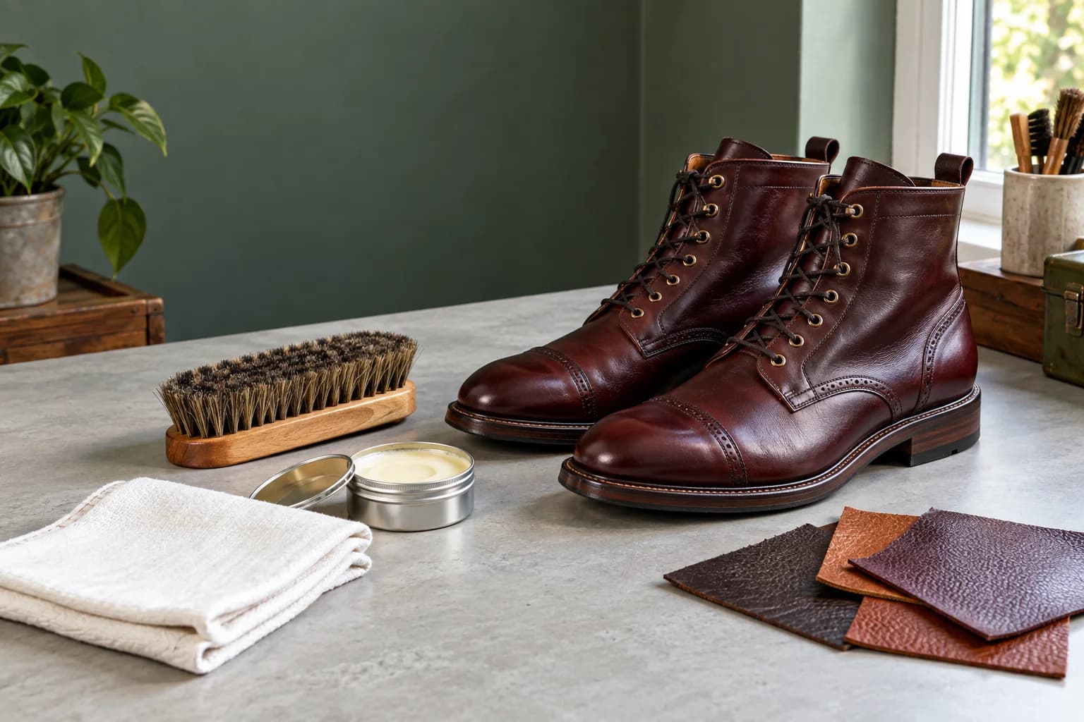 Leather-care tools on a workshop table