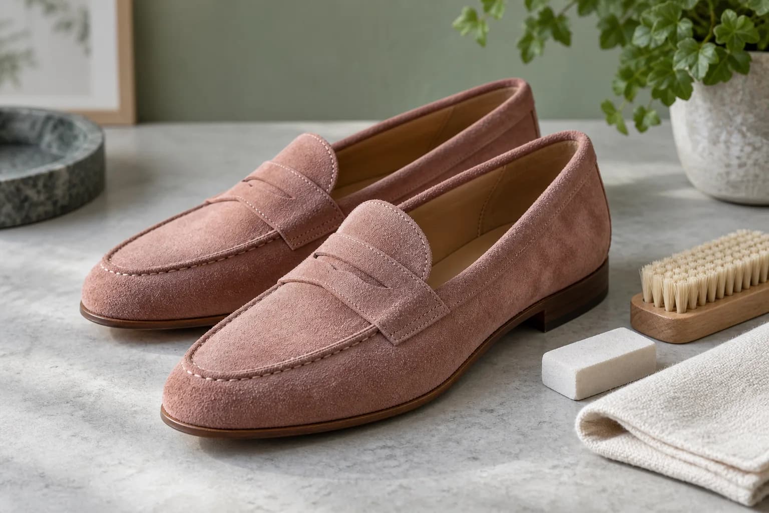 Suede loafers, brush and eraser on a care table