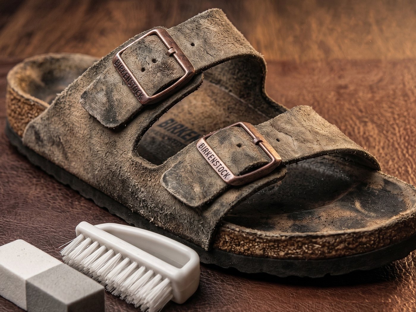 Suede sandal cleaning: comparing the surface — before